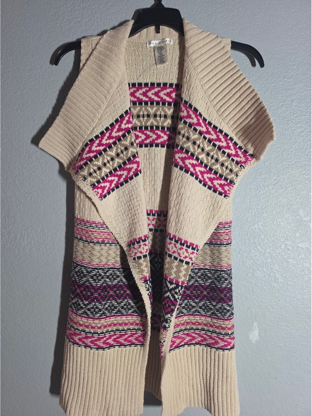 Max Studio Girls Beige Sleeveless Open Front Cardigan Vest with Pink and Black H